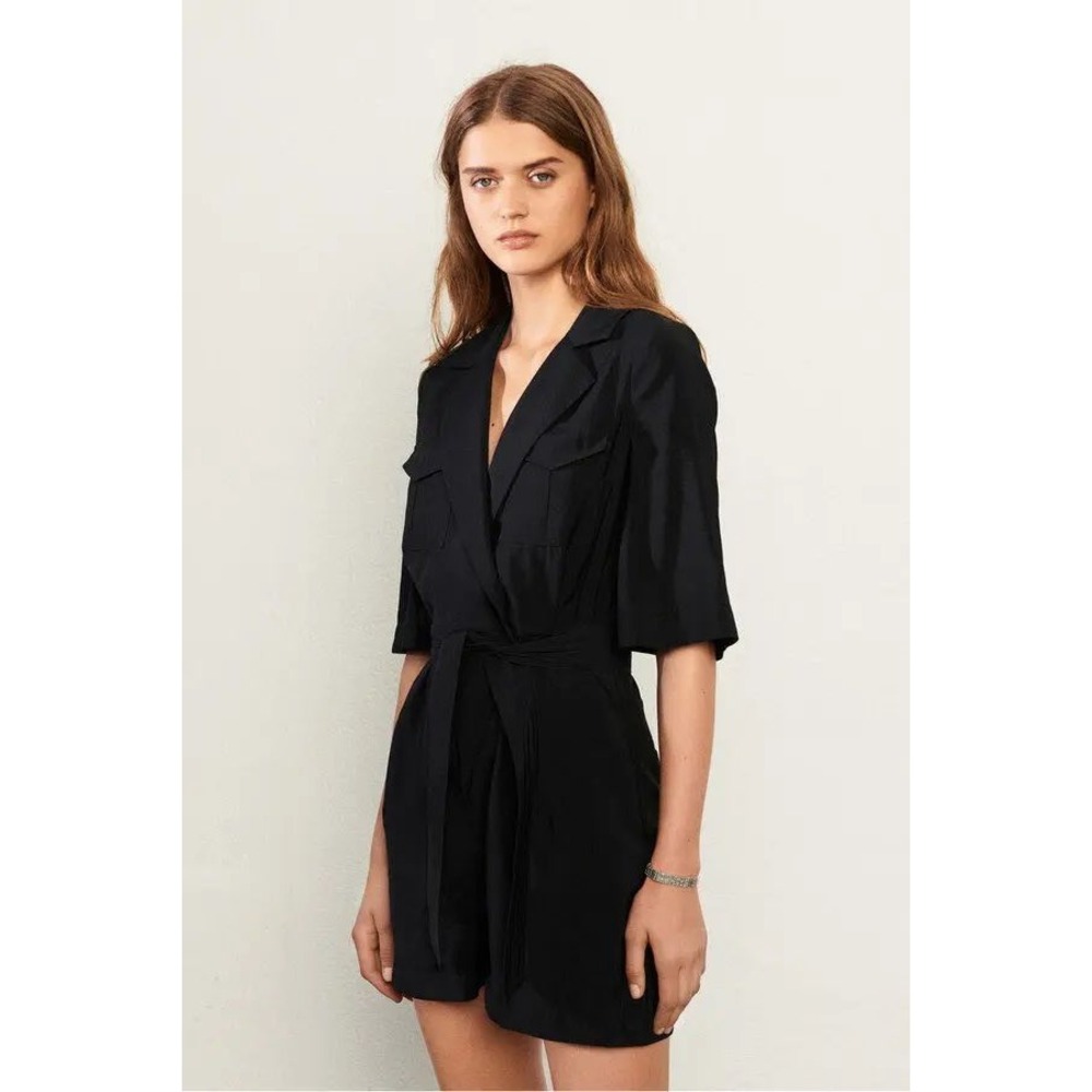 Ba&sh Calia Black Mini Romper Short Sleeve Belted Wrap Front Size S